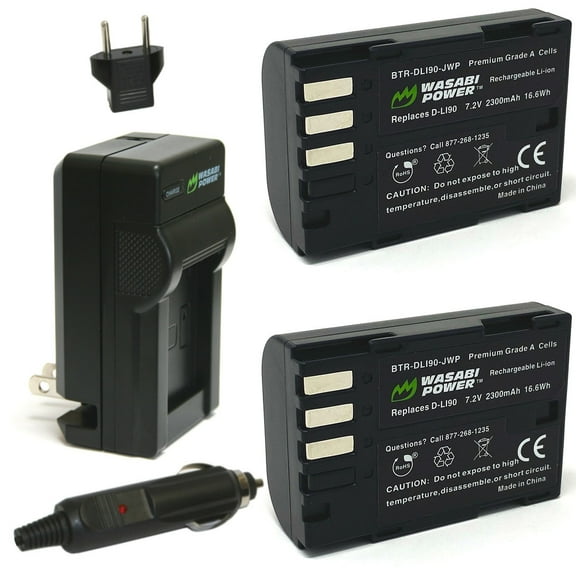 Wasabi Power Battery (2-Pack) and Charger for Pentax D-LI90, D-L190