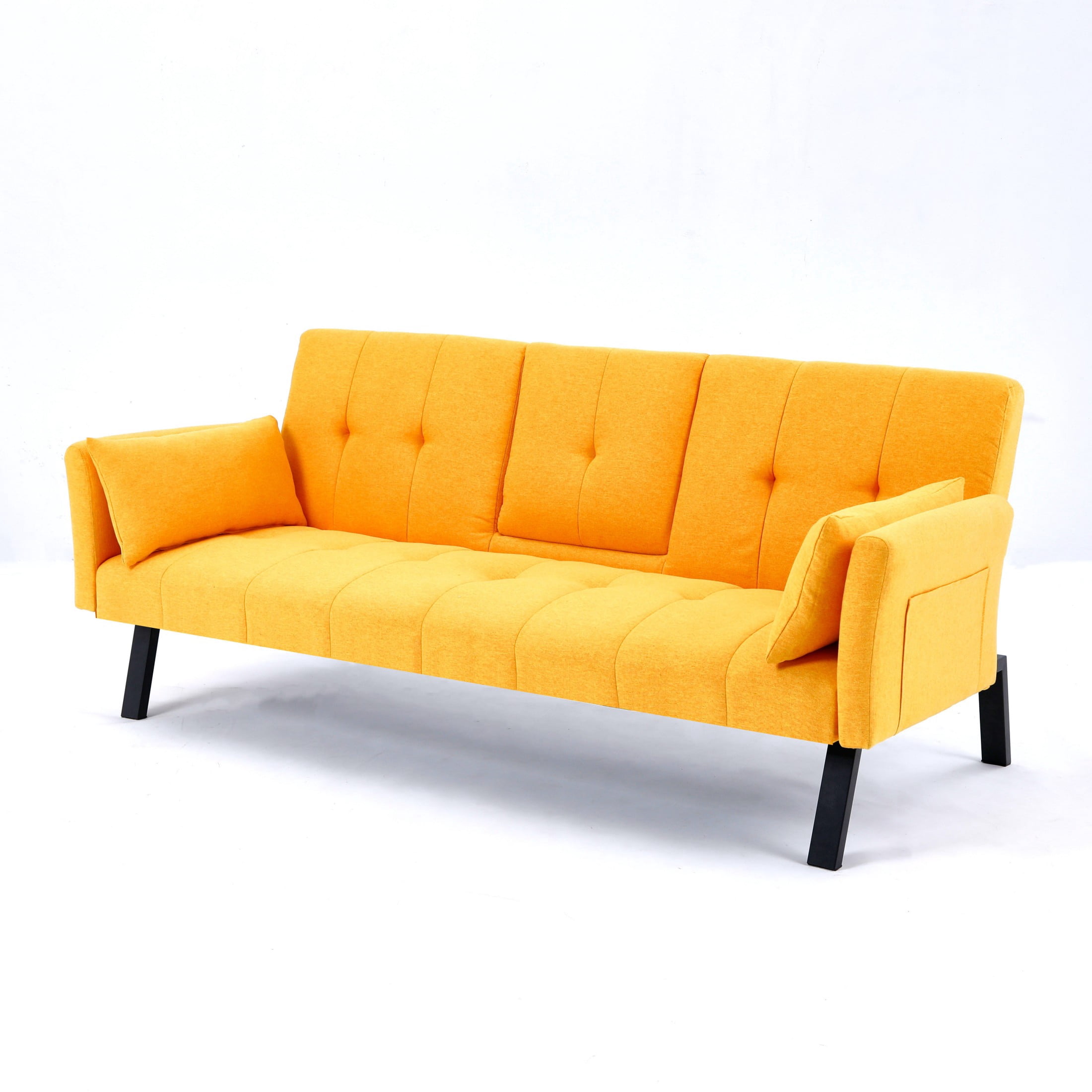 Aukfa 70" Convertible Futon Sofa Bed for Home Office, Linen Loveseat with Cup Holder, Yellow