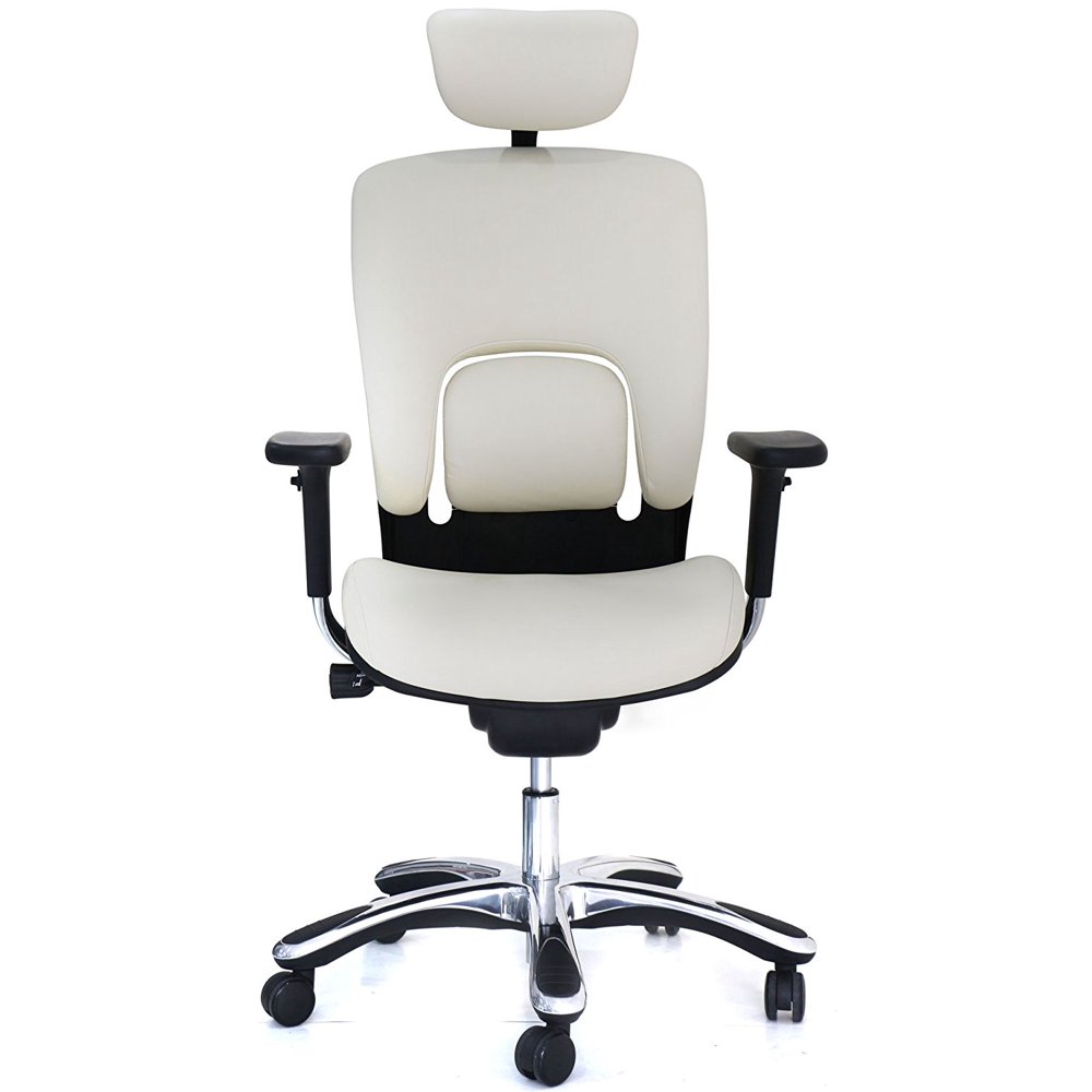 GM Seating Ergolux Genuine Leather Executive Hi Swivel Chair Chrome Base with Headrest, White