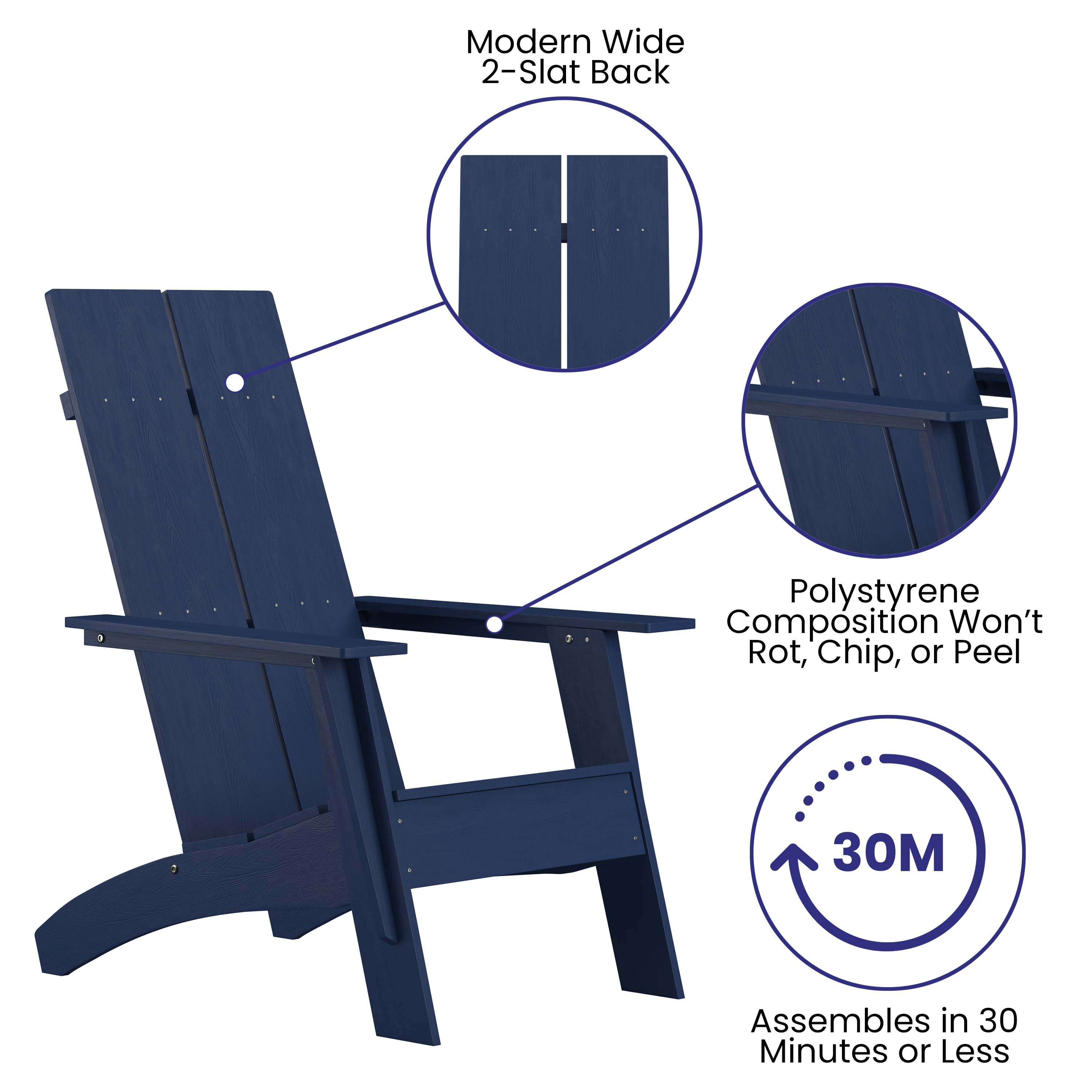 Merrick Lane Modern 2 Slat Back All-Weather Poly Resin Wood Adirondack Chair in Navy
