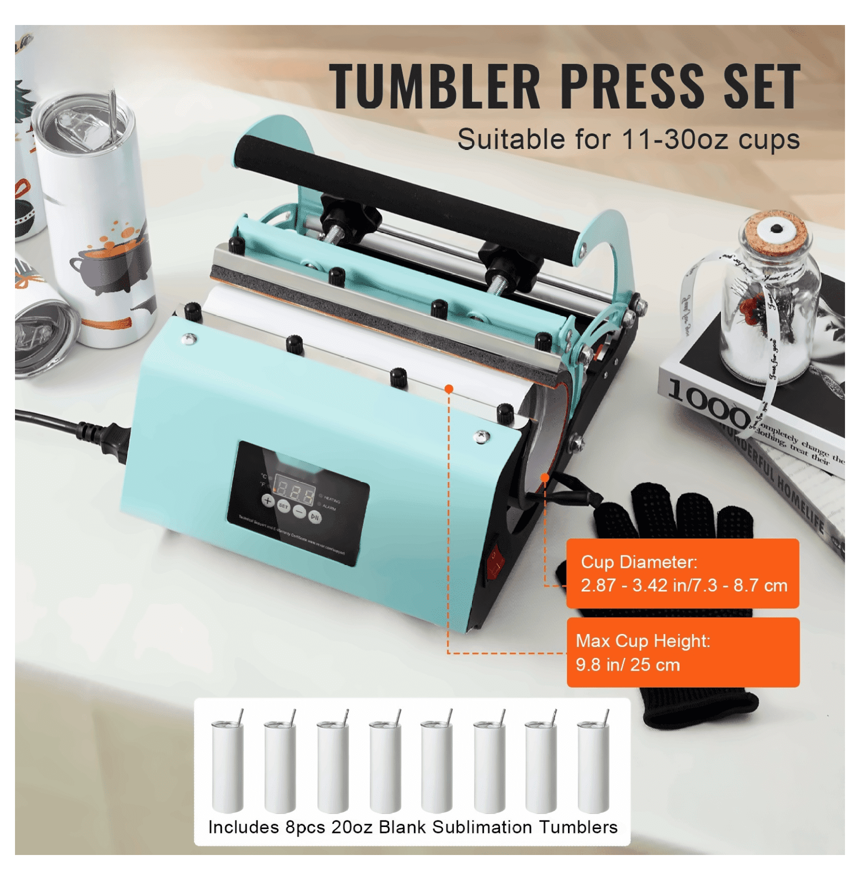 Tumbler Heat Press Machine & 20oz Sublimation Tumblers Set - 11-30oz Cup Press for DIY Mugs, with Transfer Paper, Gloves & Tape