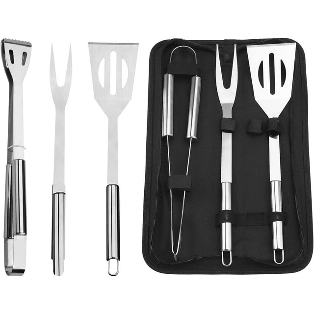 Juego de herramientas para barbacoa, juego de 3 accesorios profesionales para parrilla de acero inoxidable con bolsa de almacenamiento con asa, kit de utensilios para barbacoa y acampada, espátula, p