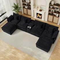 Wiilayok 145" Modular Sofa Set,Large Chenille U Shaped Sectional Sofa with Ottoman,Central Console,Cup Holder,5 Seater Deep Seat Couch for Living Room Furniture,Black