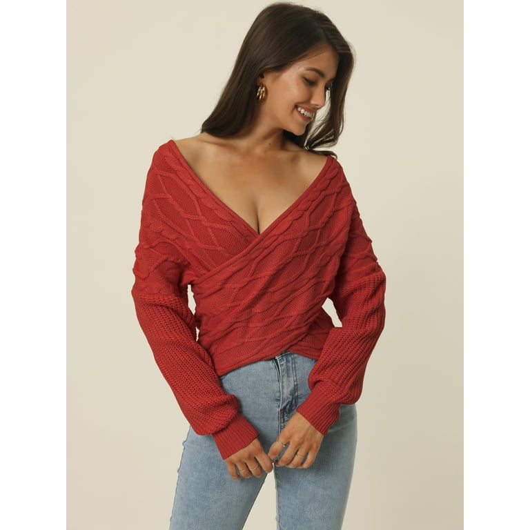 Unique Bargains Women&rsquo;s V Neck Off Shoulder Asymmetric Hem Cable 