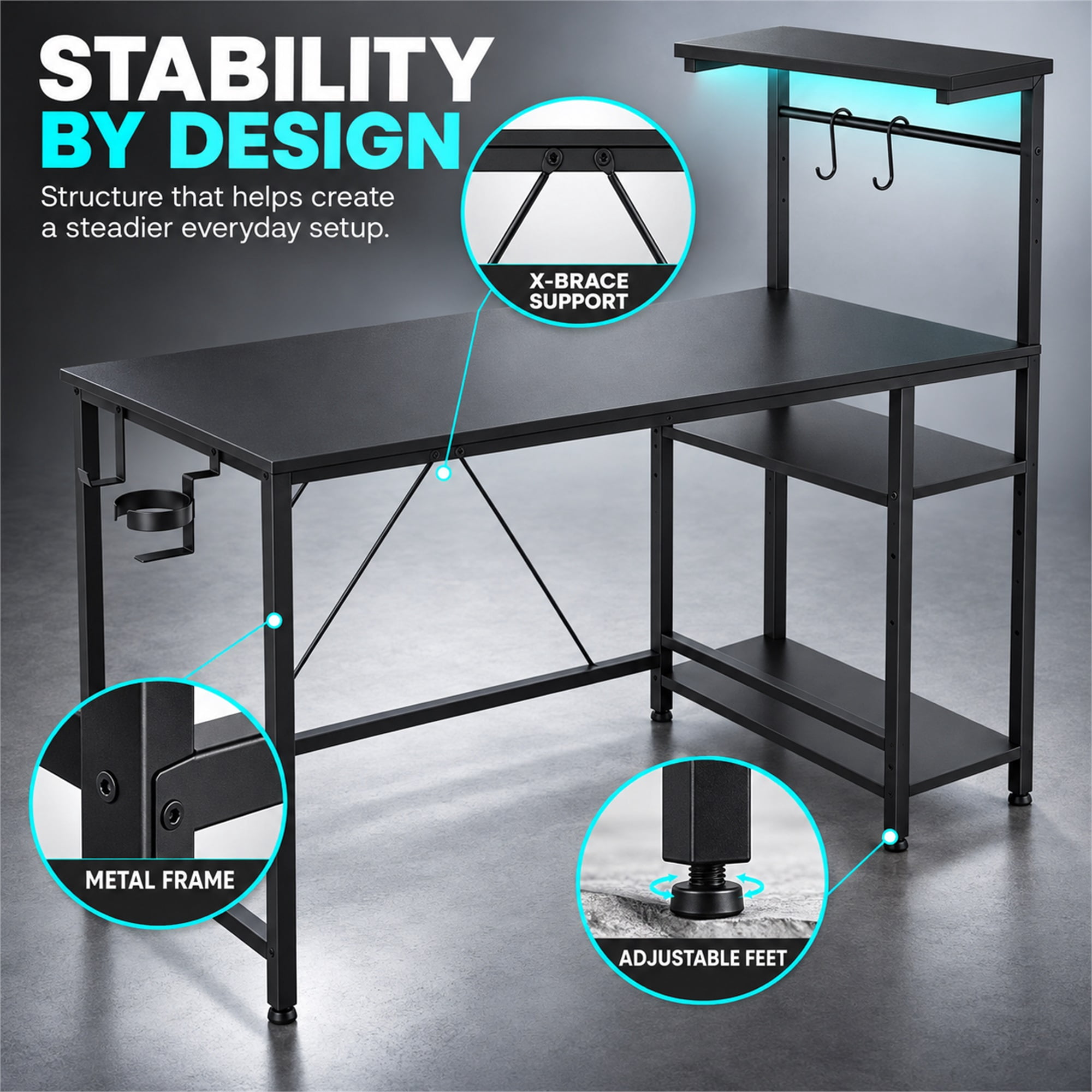 CloudRest Pro 44 Inch Gaming Desk with RGB LED Lights, Reversible Computer Desk with 4-Tier Storage Shelves, Cup Holder and Headphone Hook, Black