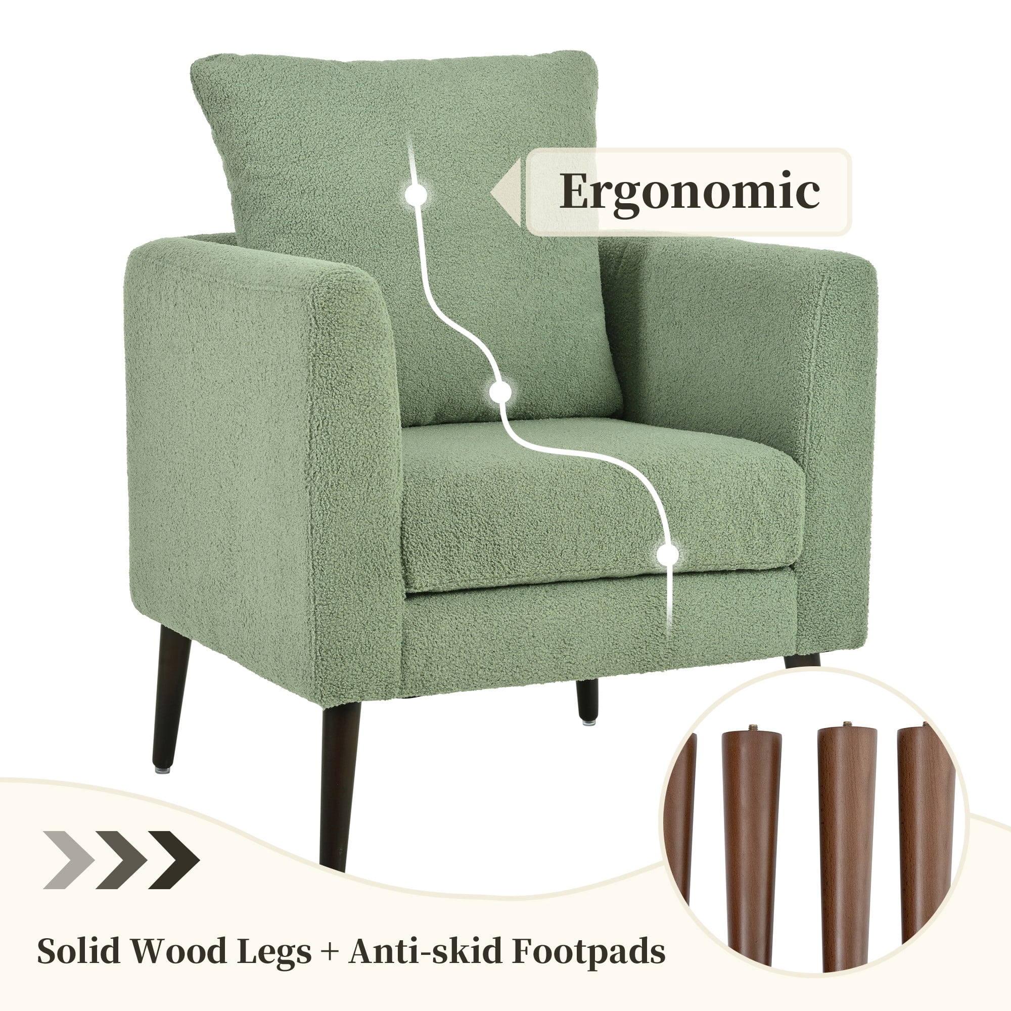 Accent Chair,Fabric Armchair Club Chair Single Chair Upholstered Arm Chair with Solid Wood Legs for Living Room/Bedroom,Green