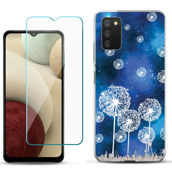 Slim-Fit TPU Phone Case Compatible with Samsung Galaxy A02s, with Tempered Glass Screen Protector, by OneToughShield ® - Dandelion Stars