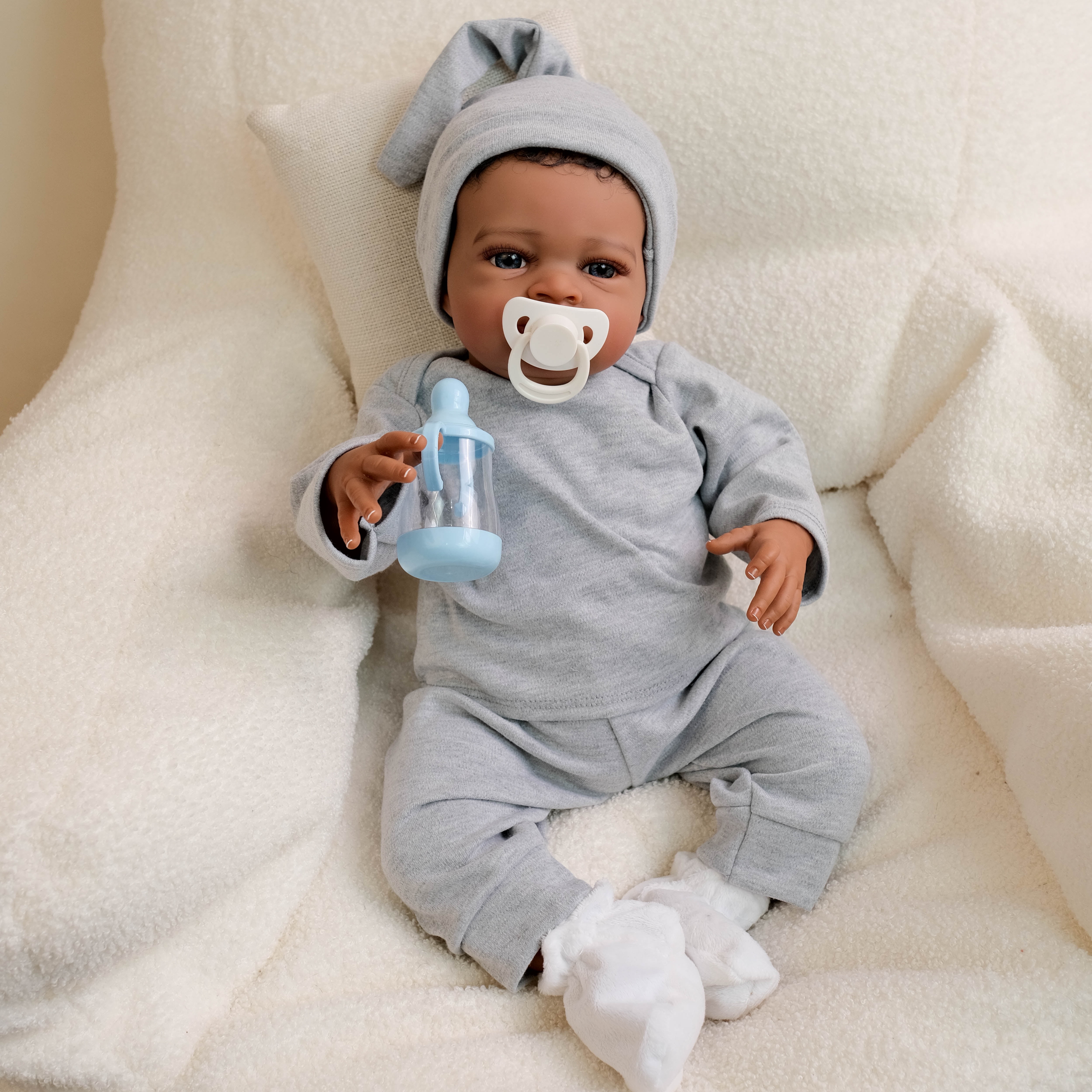 Lifelike Reborn Baby Dolls, 20 inch Realistic Cloth Body Newborn Baby Doll Lifelike African American Newborn Life Like Baby Dolls with Feeding Toy for Age Kids 3+