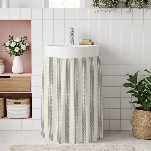 Blue Striped Small Cabinet Curtain 11''x13'', Modern Farmhouse Stripes Rustic Bathroom Sink Skirt for Kitchen Vanity Pedestal, Laundry Privacy Drape Waterproof Dishwasher Curtains