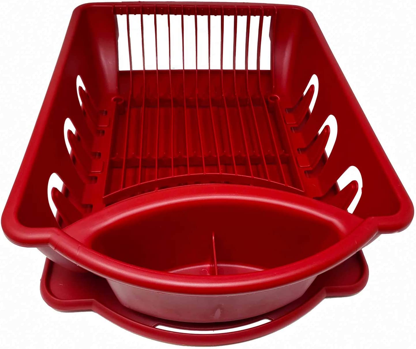 Sturdy Hard Plastic Red Sink Set Dish Rack with Drainer & Drainboard, Easy to Clean with Snap Lock Tab Cup Holders for Home Kitchen Sink Organizer (Red, Medium)