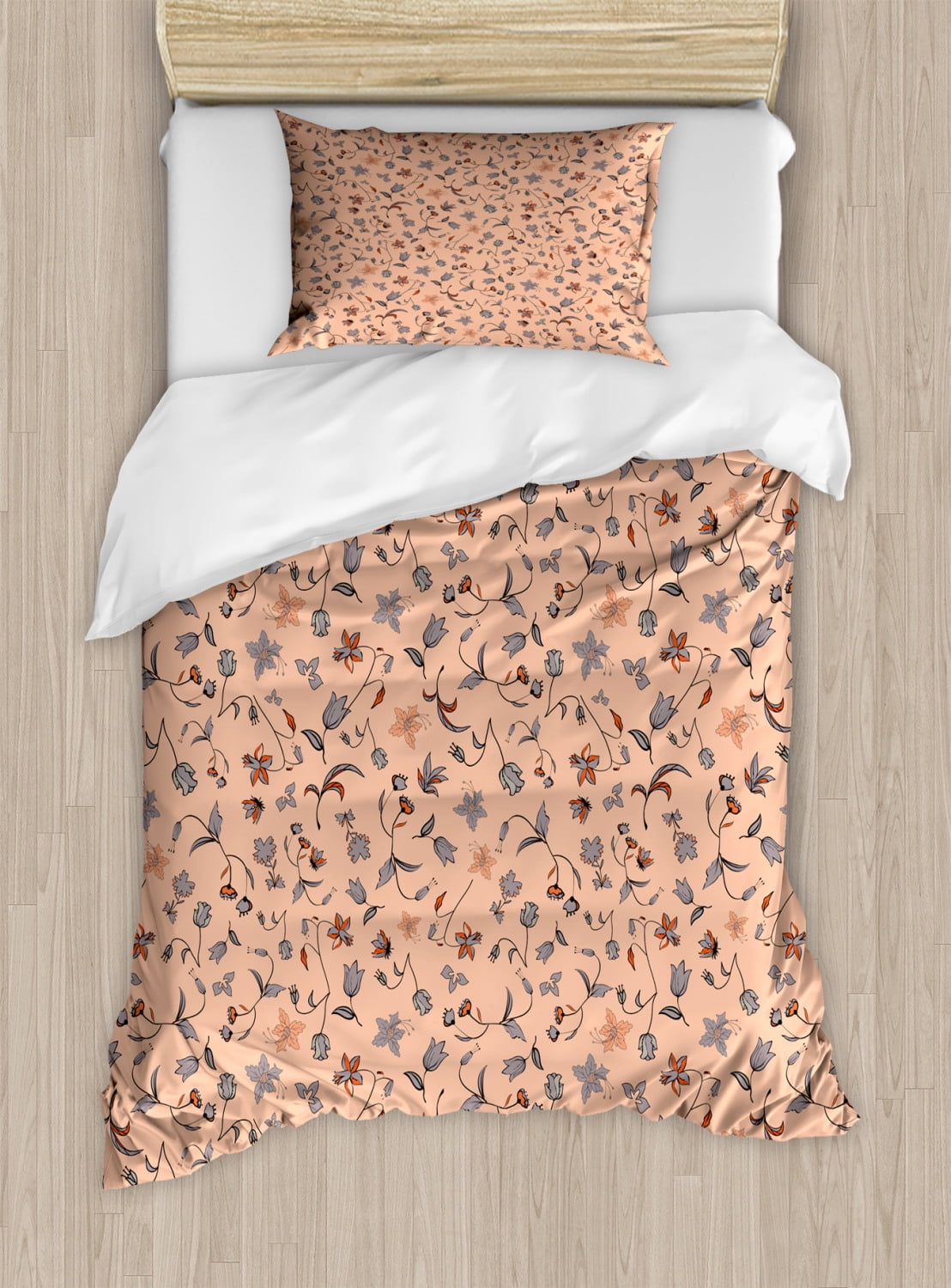 Peach Colors Duvet Cover Set, Abstract Autumn Botany and Flora in Warm
