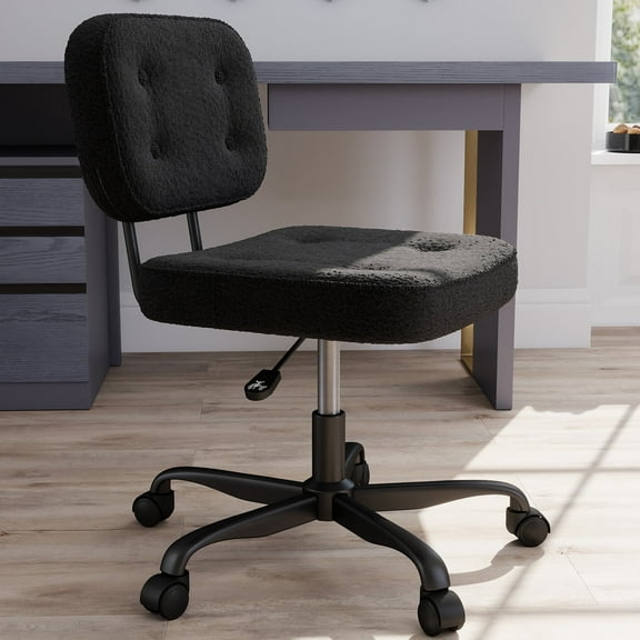 YERAIRR Armless Desk Chair with Wide Seat,Teddy Fleece Fabric Home Computer Office Chair Thickened Cushion Swivel Vanity Chair Black