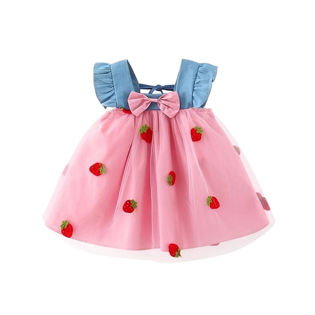 Birdeem Robe Débardeur d'Été Sans Manches pour Tout-Petite Fille, Petite, Fraise Brodée, Nœud, Denim Assemblé