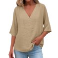 thumbnail image 6 of ClodeEU Women's Linen Blend V Neck Loose Fit Blouse with Shoulder Pleats ,Solid Color Loose Casual Top Khaki,Womens Plus L, 6 of 8