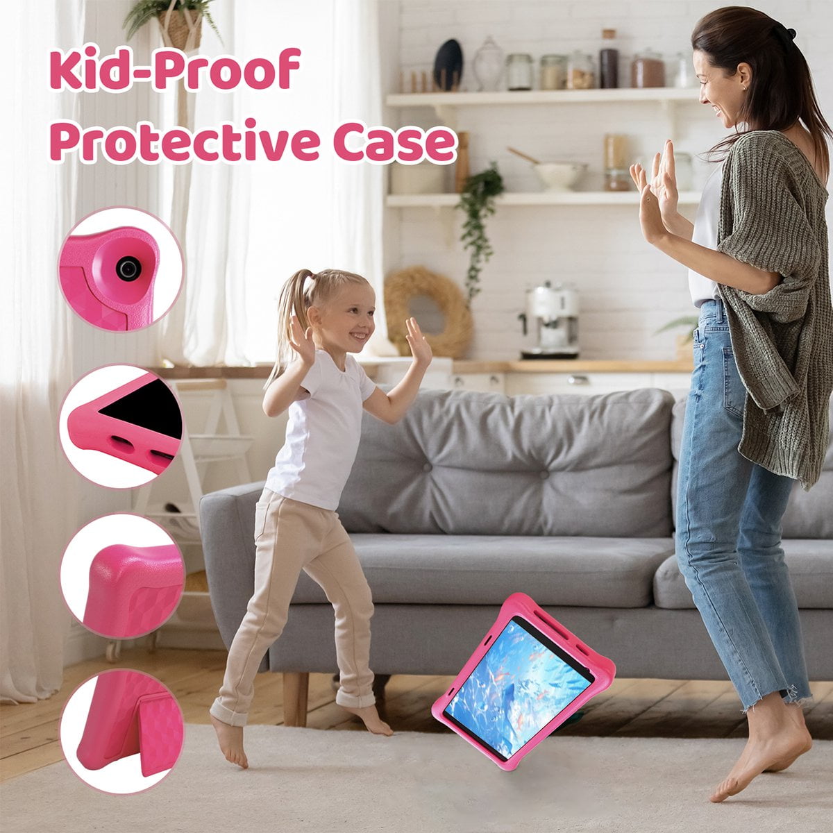 BESTSKI 8'' Kids Tablet, Android 12, 2GB RAM, 32GB Storage, IPS HD Touchscreen, Silicone Case, Pink
