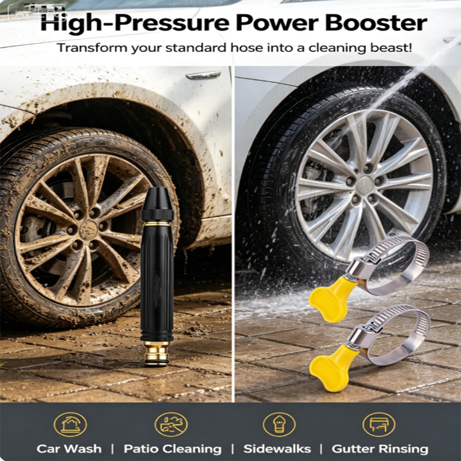 Heavy Duty Adjustable Twist Hose Nozzle Jet Sweeper Nozzle, Adjustable Metal Nozzle Garden Hose Sprinkler, Home High-Pressure Car Wash Water Gun with Booster Nozzle, Garden Hose Pressure Boost
