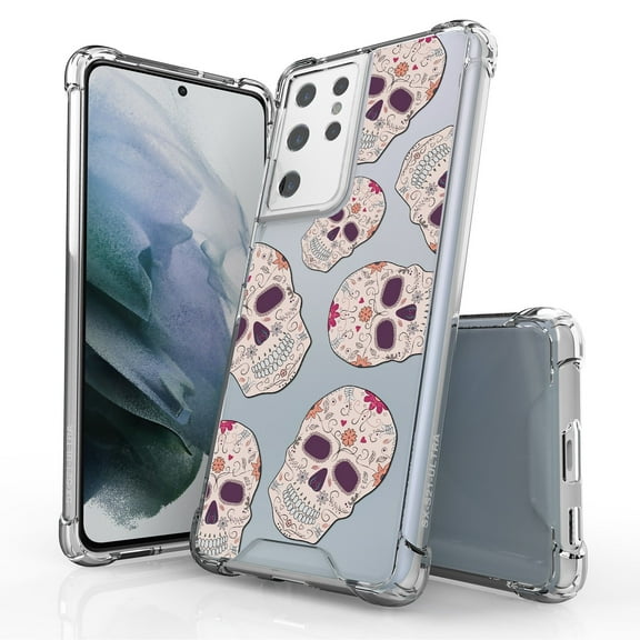 ANJ  Hybrid Slim Hard Back Cover Case Flexible Bumper for Samsung Galaxy S21 Ultra - Sugar Skulls