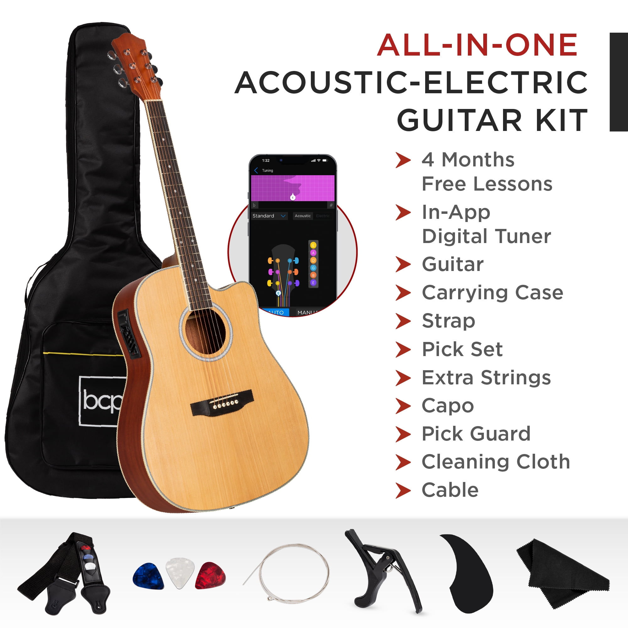 Best Choice Products Beginner Acoustic Electric Guitar Starter Set 41in w/ All Wood Cutaway Design, Case - Natural