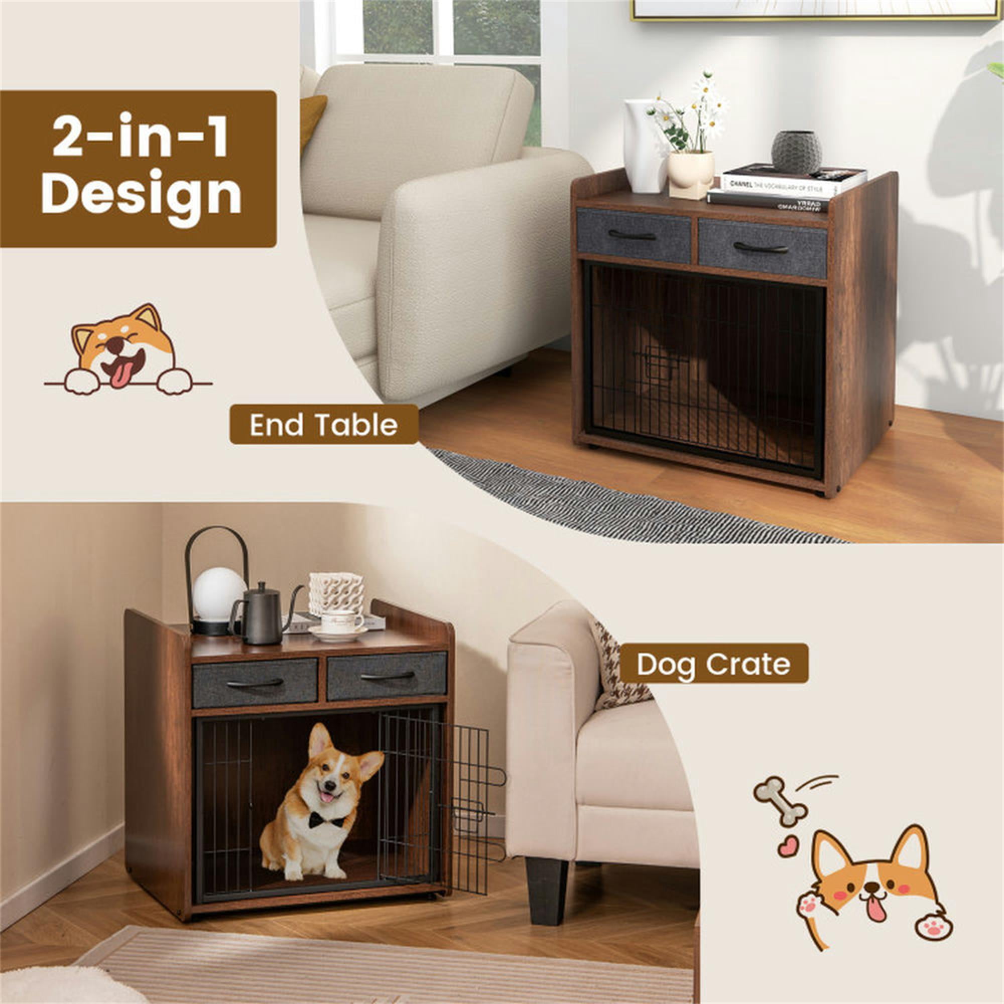 Pefilos 25" Dog Crate Furniture, Indoor Dog Kennel with 2 Fabric Drawers, Decorative Pet Cage Dog House, Brown