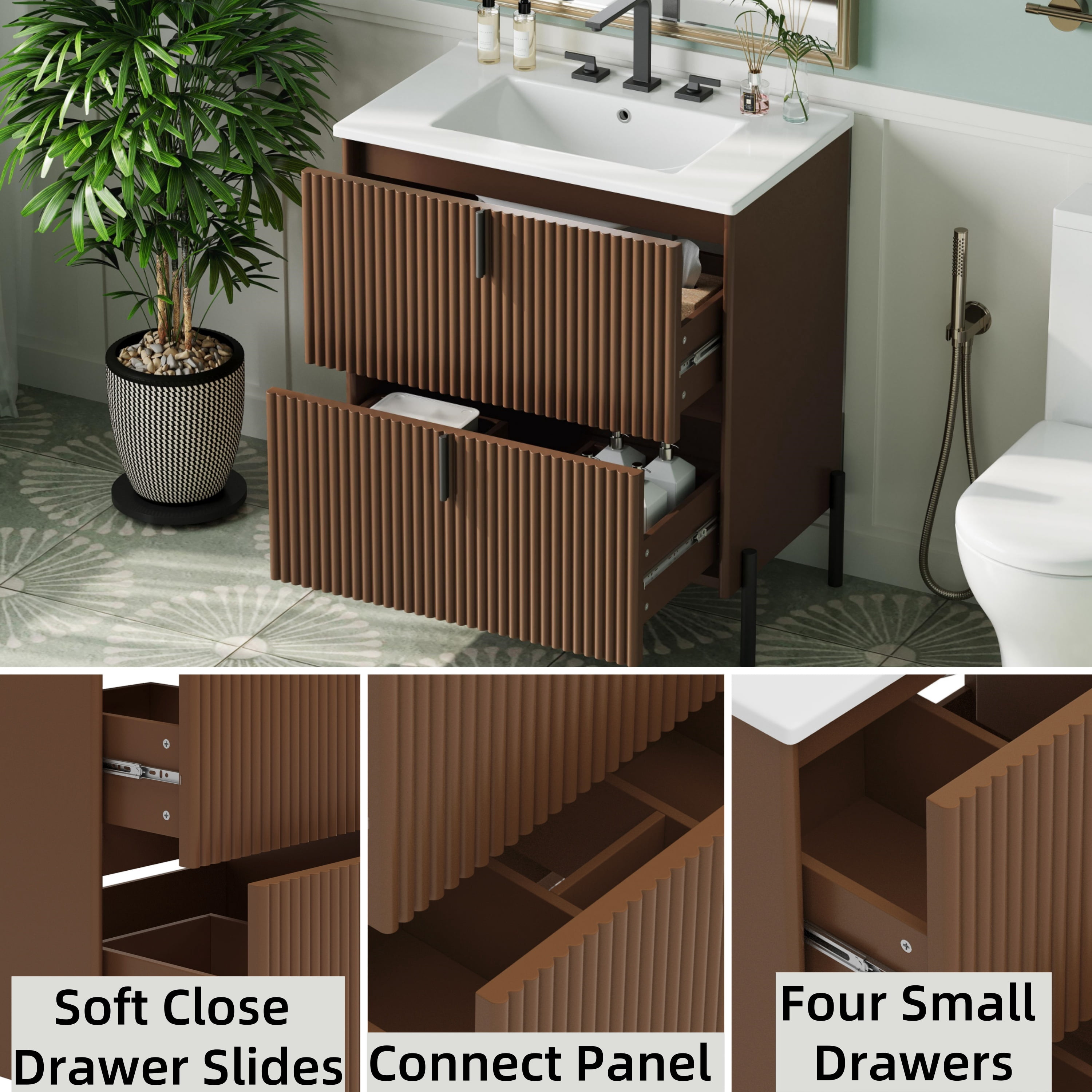 Euroco 30" Bathroom Vanity with Ceramic Sink, Equipped with Vertical Pulls and Full-Extension Drawers, Freestanding Bathroom Vanity with Soft Close Drawer Slides, Fluted Design, Dark Brown