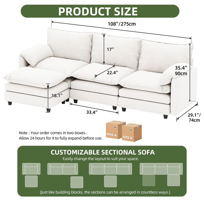 Uforic Sectional Sofa with Ottoman, 108" L Shape Modern 4 Seat Cloud Couch with Pillow-Armrest, Beige