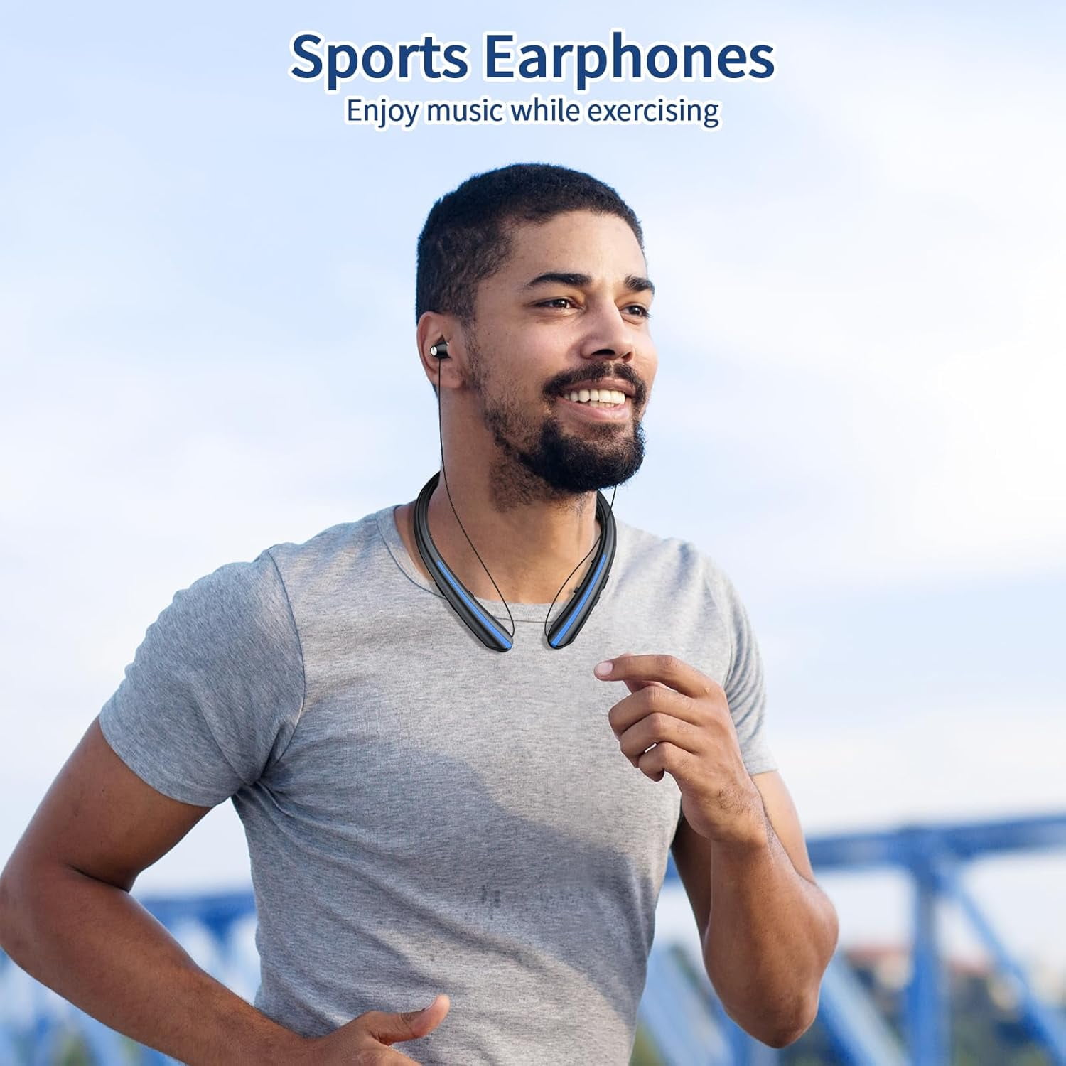 Retractable Neckband Bluetooth Headphones, IPX5 Sweatproof Headset Wireless Earbuds with Mic, Vibration Alert, Noise Cancelling Stereo Earphones for Sports, Running, Driving, Workouts (Blue)