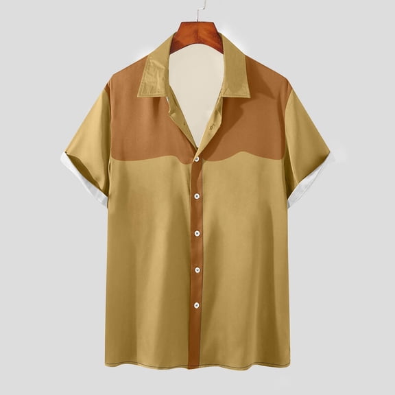 SGFCWSX Mens Color Block Bowling Shirt Short Sleeve Camp Collar Retro Casual Button Down Shirt Khaki Size L