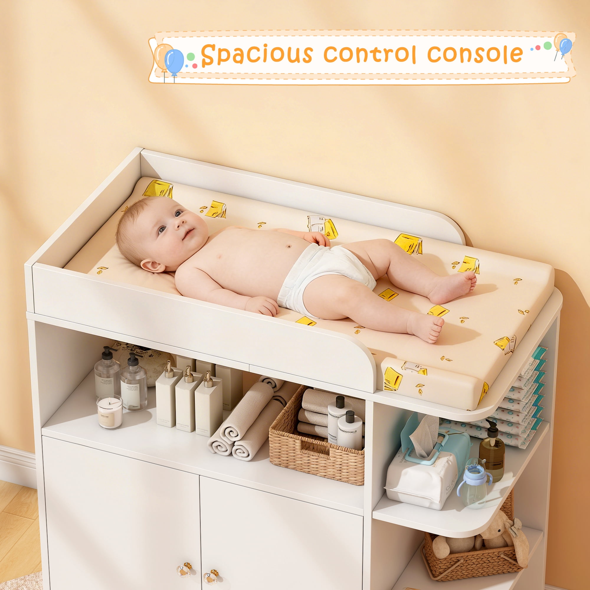makeapile dresser with changing table,Nursery 4 Open Shelves Plus Double-Door Cabinet, Multifunctional baby changing table, White