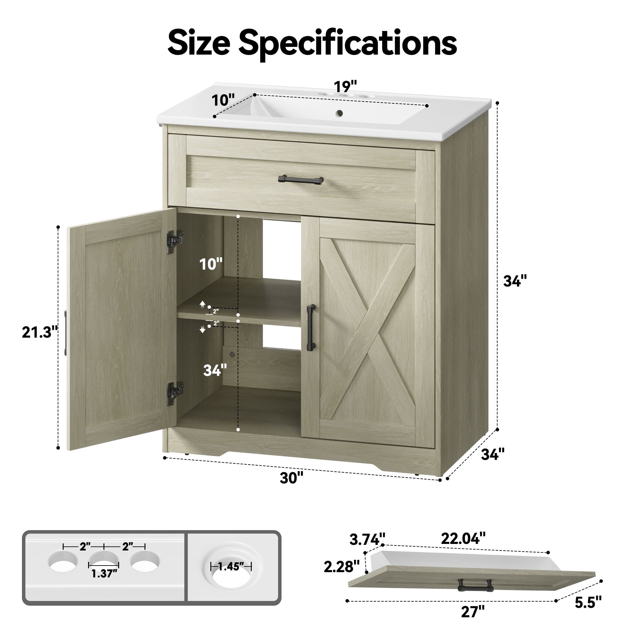 30 Inch Bathroom Vanity with Ceramic Sink, Freestanding Bathroom Sink Cabinet with Fluted Doors, 2 Doors and 1 Drawer, Adjustable Shelf, Farmhouse Bathroom Storage Combo, Grey