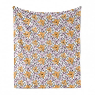 Floral Soft Flannel Fleece Throw Blanket, Pastel Tone Layout of Lily Petals with Geometric Motifs on the Back, Cozy Plush for Indoor and Outdoor Use, 70" x 90", Multicolor, by Ambesonne