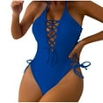 thumbnail image 4 of Sakmal String Swimsuit Women Cutout One Piece Blue Tummy Control Swimsuits Halter Solid Deep V-Neck Swimwear, 4 of 5