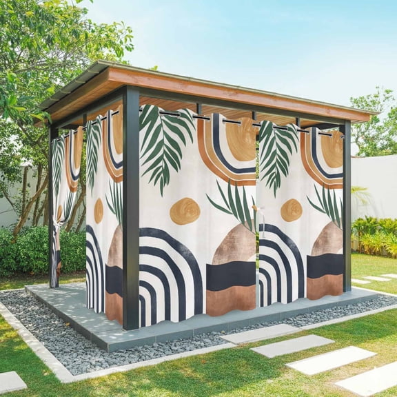 Boho Outdoor Curtains for Patio Waterproof, Leaf Geometric Neutral Mid Century Grommet Curtains for Porch Outside Privacy Drape for Gazebo Garden Pergola, 2 Panels, 54x84in