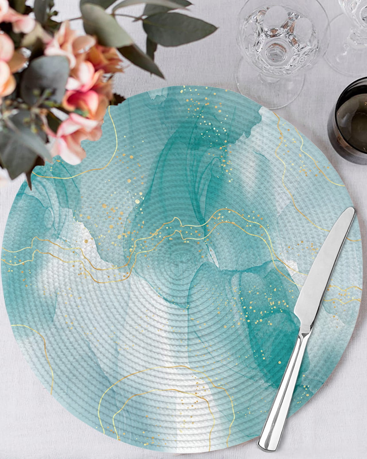 Abstract Coastal Round Table Placemats set of 6, Blue Green Gold Lines Washable Woven Place Mats for Dining Tables Kitchen Party Decor,Heat Proof, 13in,