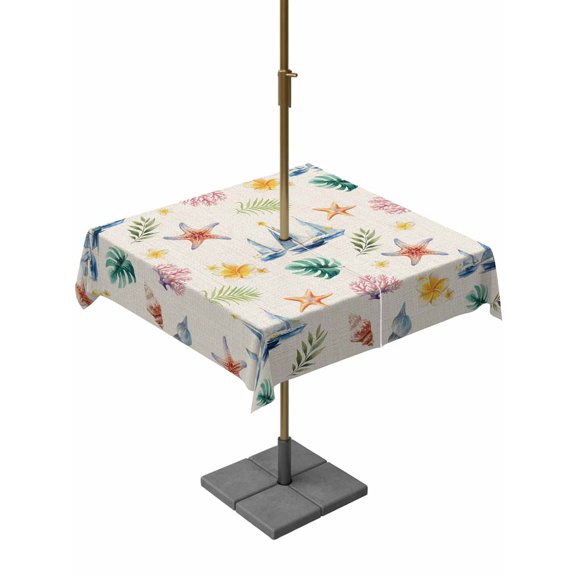 Square Outdoor Tablecloth with Umbrella Hole Coastal Nautical Table Cloth Waterproof Patio Table Cover Summer Ocean Theme Conch Ship Leaves Zipper Tablecloths for Picnic Party Camping 60x60 Inch