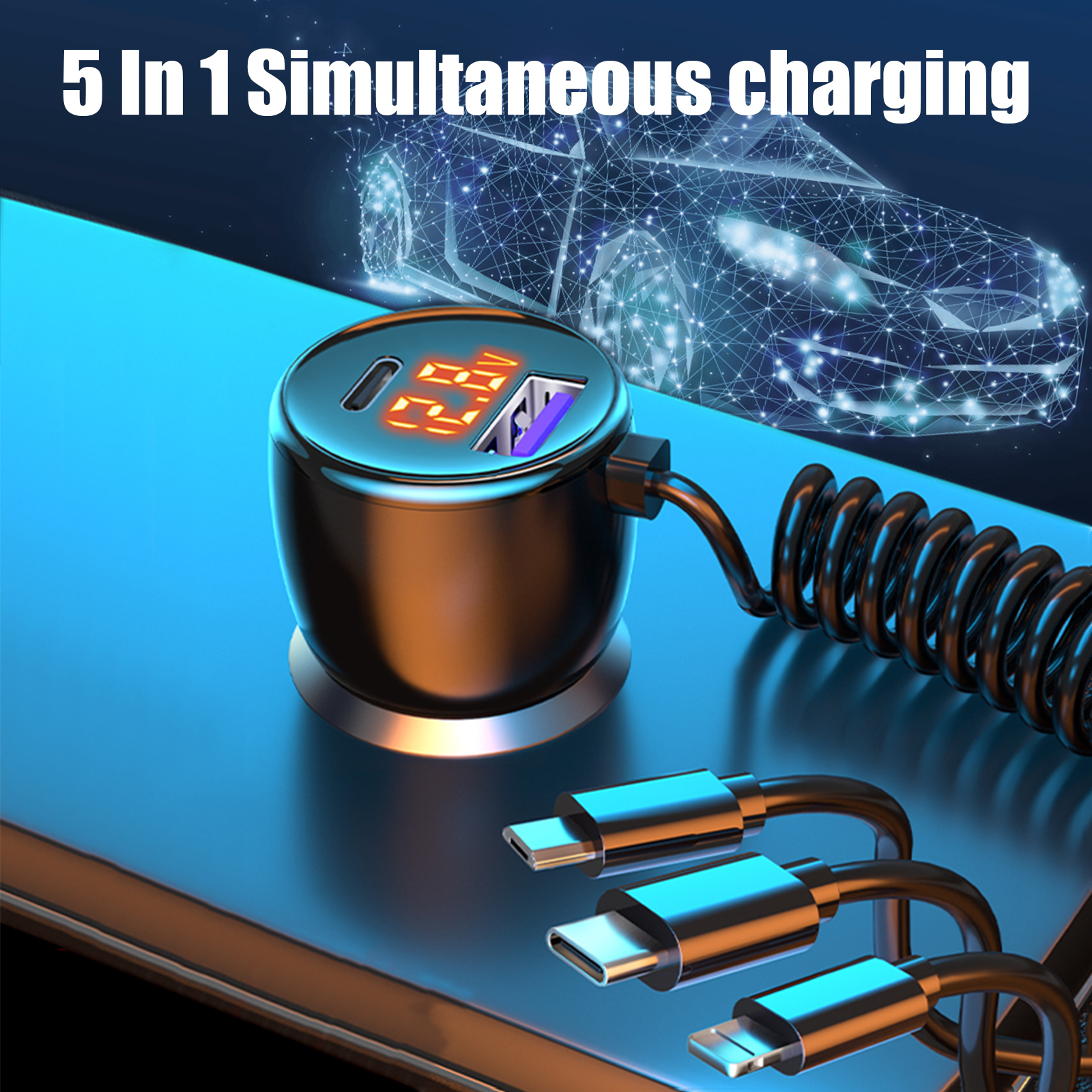 Phmnkl Super Fast Car Charger Type C, 66W+65W+20W QC3.0&PD3.0 5 Port Built-in 4FT Cable USB C Car Charger Fast Charging for iPhone 14/13/12/Google/Pixel/Motorola/LG Android Phones