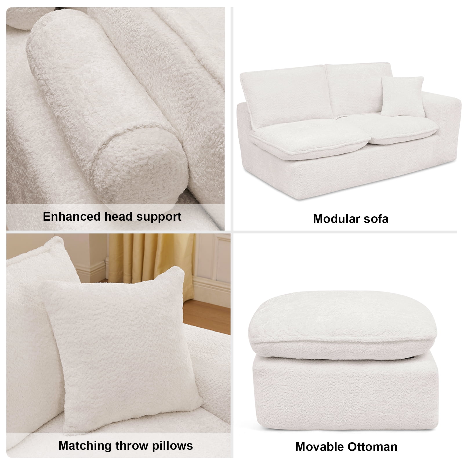 Dreamzie 107" Sectional Sofa,L-shaped Sectional Sofa Comfy Cloud Couch with Pillows, 7 Seater Modular Sectional Sofa, Warm White