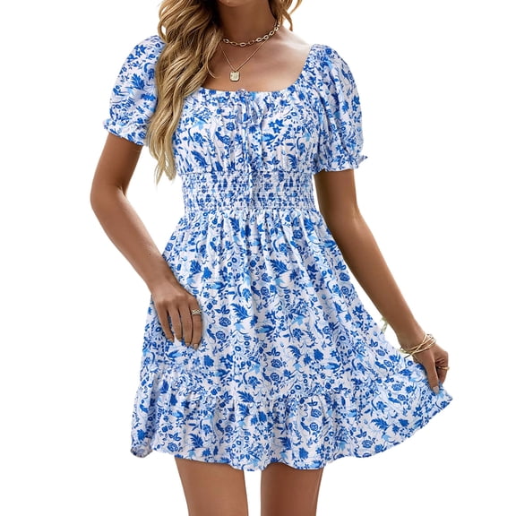 Square Neck Womens Boho Floral Smocked Short Sleeve Ruffle Beach Summer Mini Dress