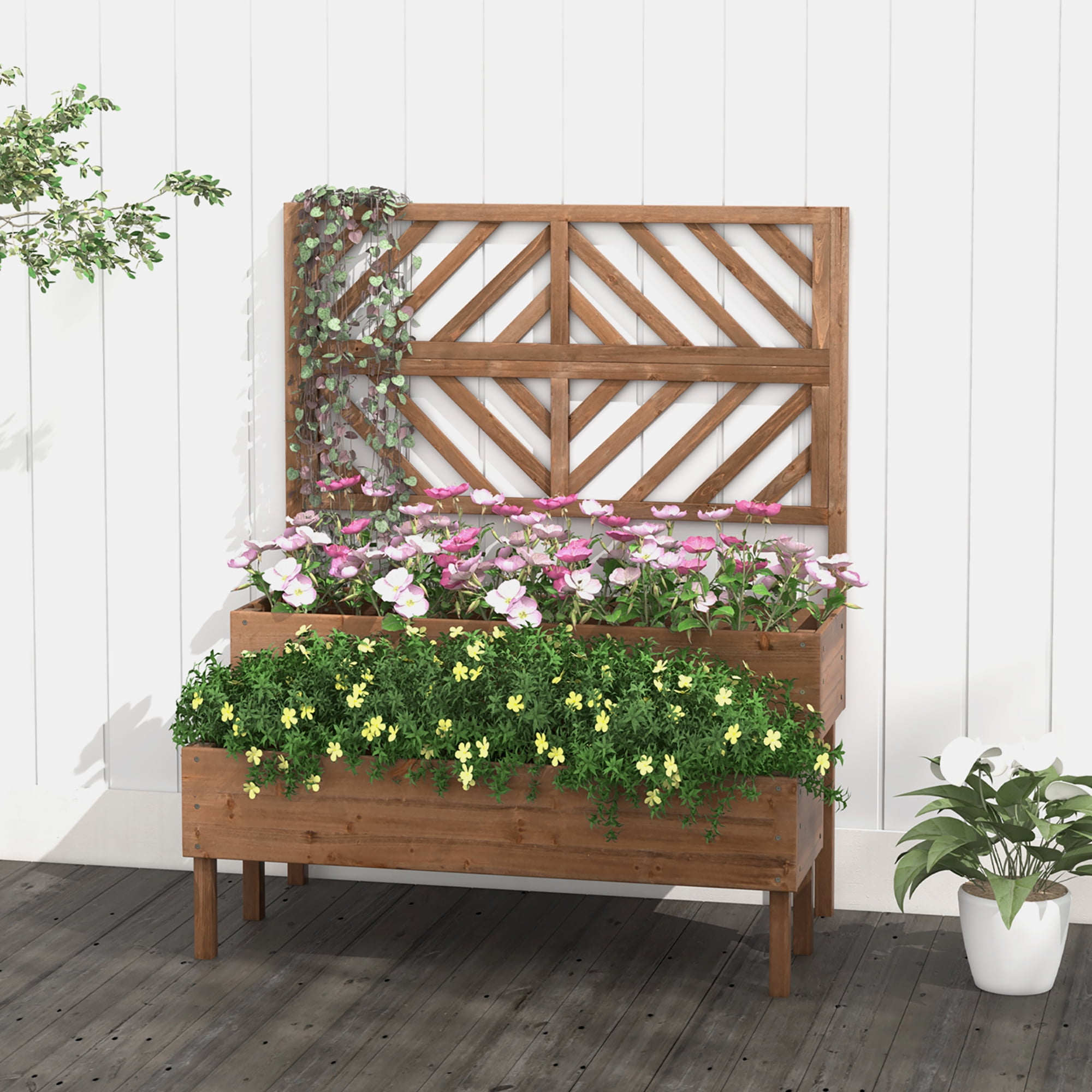 Costway 2-Tier Raised Garden Bed with Trellis Wooden Elevated Planter Box for Vegetables