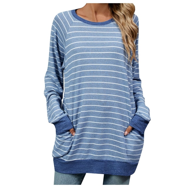 2DXuixsh Chandails en Molleton Femmes Automne Hiver Contraste Col Rond Manches Longues Poche Chandail en Molleton T-Shirt Femmes Basique Léger Chandail Haut Bleu Ciel Taille TG