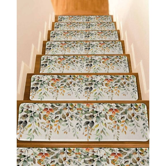 Orange Green Eucalyptus Leaves Stair Treads for Wooden Steps Indoor Runner Rug Carpet, Fall Botanical Rustic 10 Pieces Peel and Stick Staircase Step Treads Covers Washable Throw Door Mats, 30"x8"