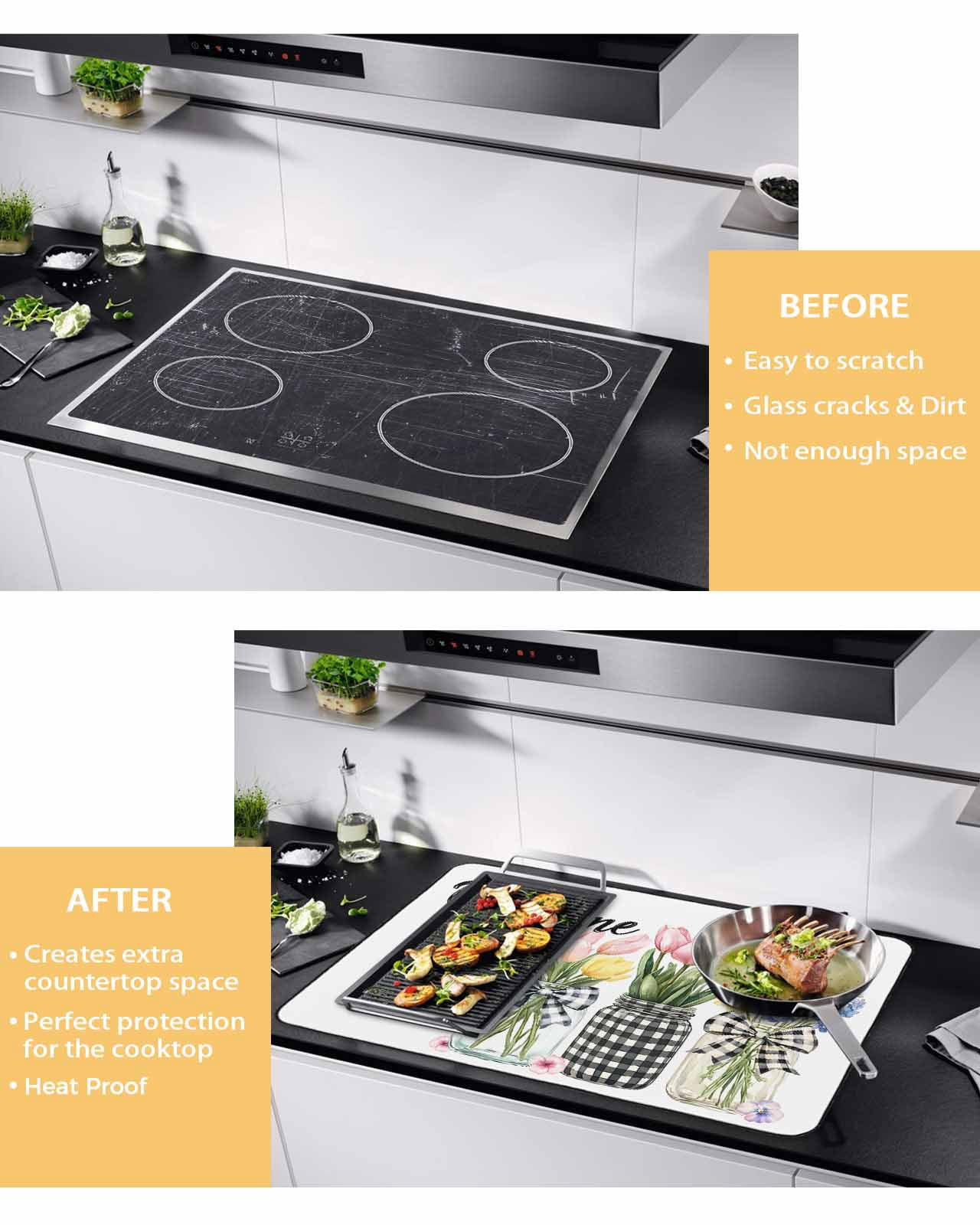 nqOlkjepod Large Induction Cooktop Protector Mat 24"x21", Spring Flowers Stove Top Covers for Electric Stove, Farmhouse Tulip Botanical Watercolor Stove Burner Cover Mats, Glass Top Stove Cover