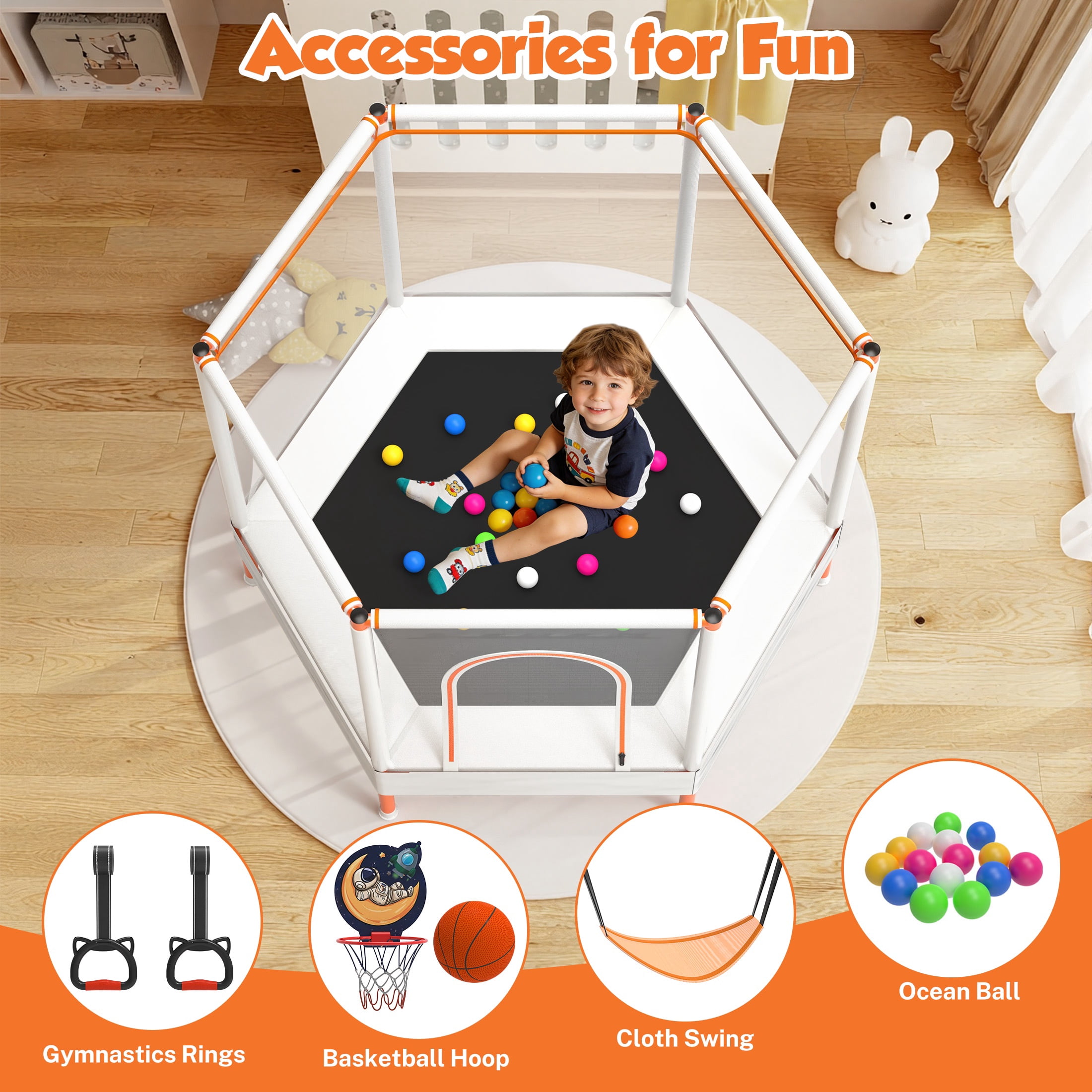 60" Mini Trampoline for Kids with Enclosure, Shinpt Indoor & Outdoor Toddler Trampoline, Upgrade Full Anti-Rust Tube with Adjustable Gymnastics Bars, Small Trampoline for Boys & Girls