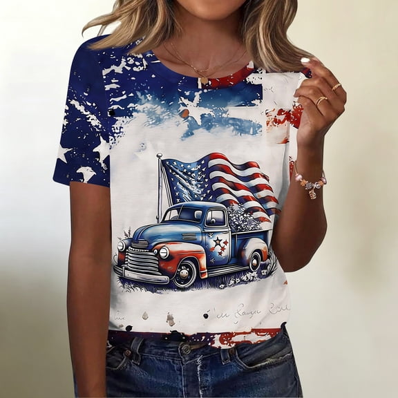 Trendfront Womens Vintage Patriotic Truck T Shirts Crewneck Short Sleeve Tees 250th Anniversary USA 4th Of July Casual Country Tops