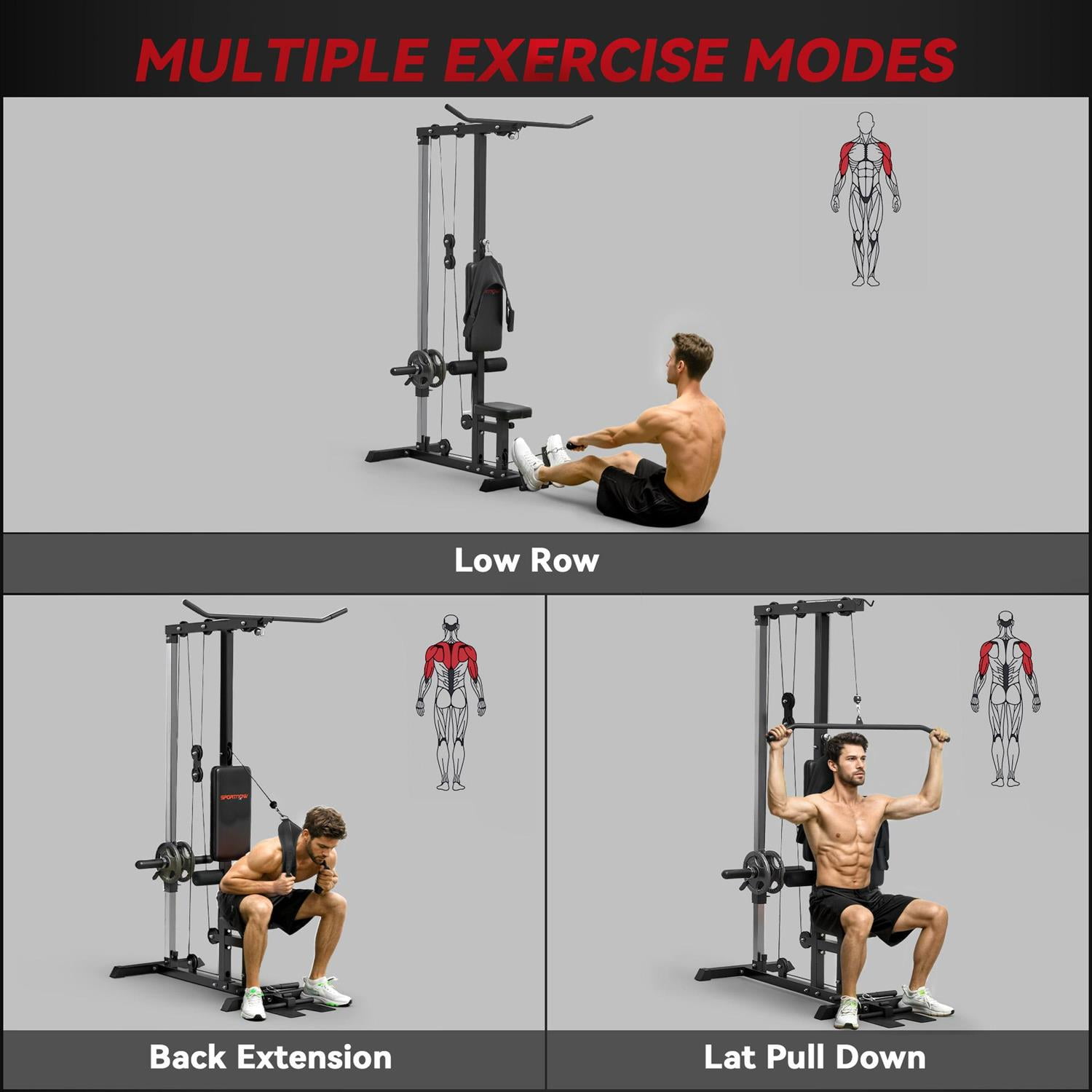 Demifill Adjustable Lat Pulldown Machine - Black, High/Low Pulley System, Flip-Up Footplate & Seat
