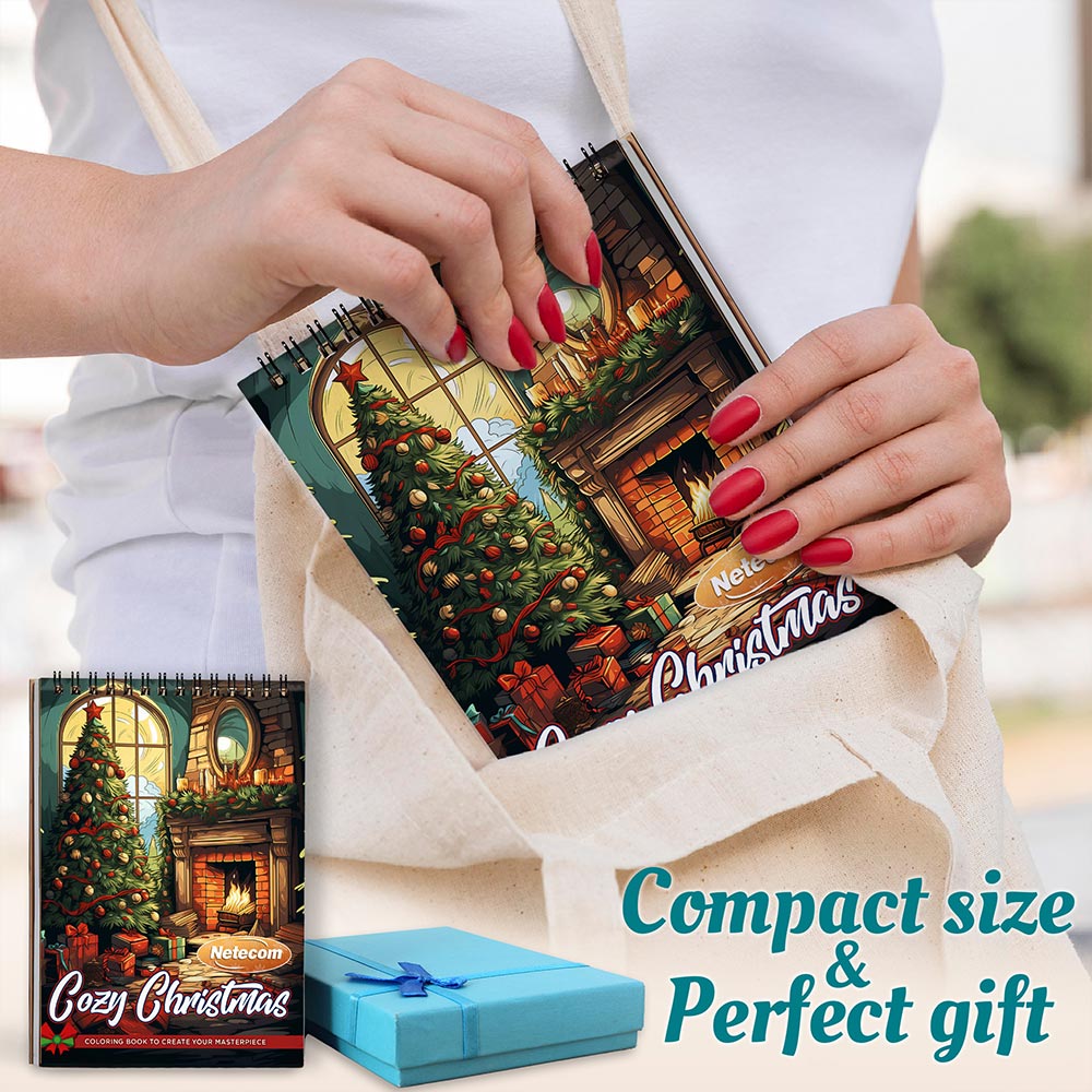 Netecom Cozy Christmas Coloring Book Spiral Bound for Adults, A5 Wooden Cover, 30 Heartwarming Coloring Pages of Festive Fireplaces in Xmas Day for Stress Relief and Relaxation