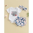 thumbnail image 2 of Wassery Baby Girls Summer Outfit Sets 6M 12M 18M 24M Infant Girls Jumpsuit Set White Short Sleeve Letter Print Romper + Baseball Print Shorts + Headband, 2 of 7