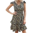 thumbnail image 1 of Robe Bohème pour Femmes Col en V Imprimé Floral Volant Mini Robe Taille Smockée Été Ligne A Robe de Plage, 1 of 7