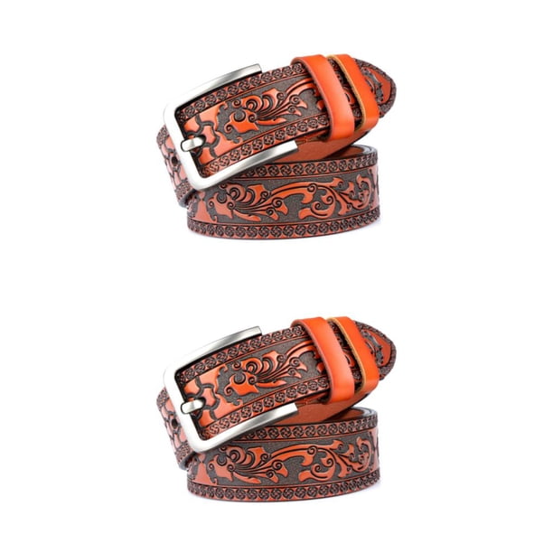 Qarigey Cinturón de impresión de moda para hombres Cinturones flexibles y resistentes al desgaste de PU lisos y resistentes al desgaste para Naranja 115cm 2Conjunto