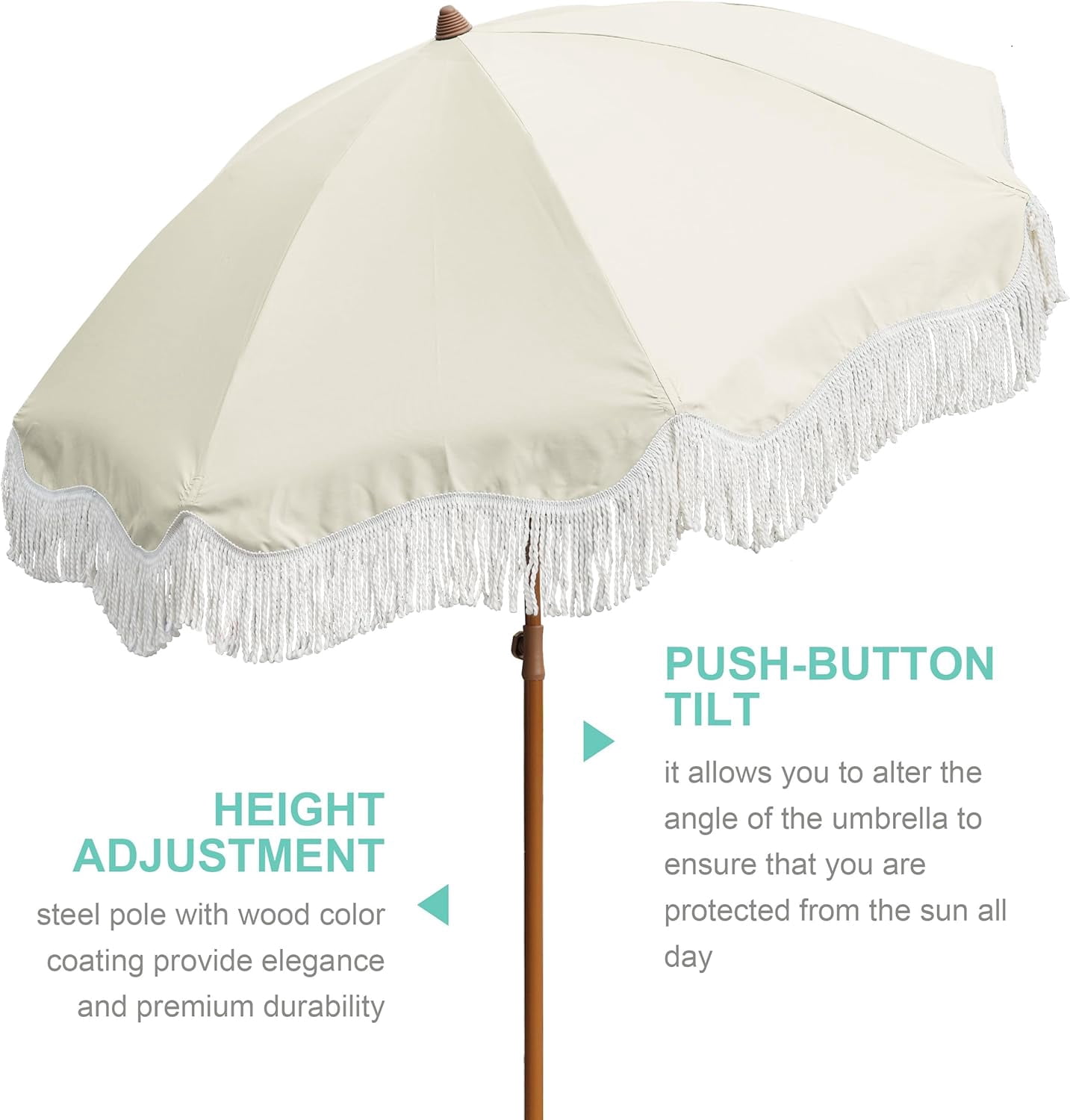 6.5ft Boho Outdoor Umbrella with Fringe, UPF 50+ Picnic Umbrella with Tassels, Premium Steel Pole and Push Button Tilt, Light Beige