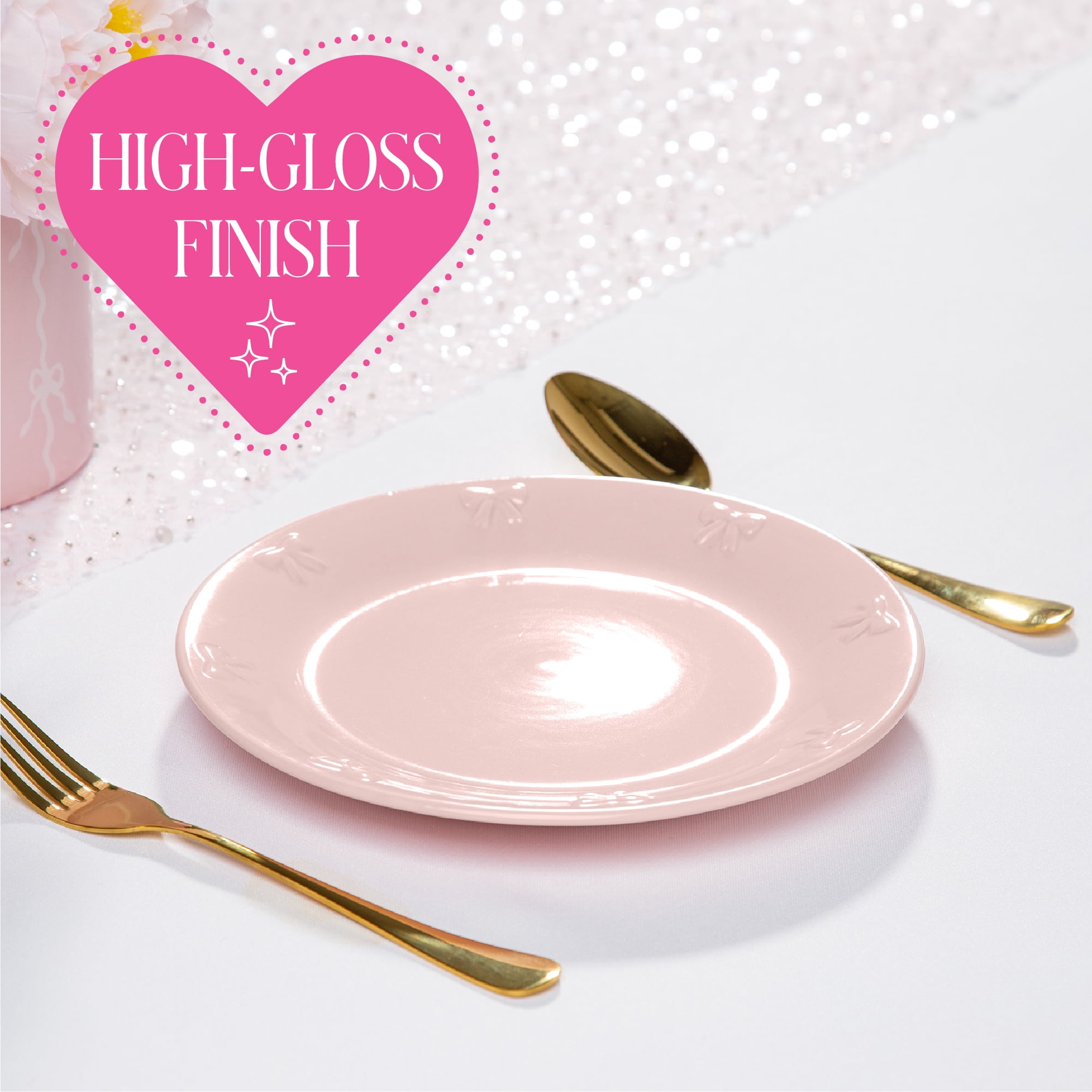 Paris Hilton London Collection Stoneware Salad Plate, Embossed Bow Detailing, 8.5-inch, Blush Pink